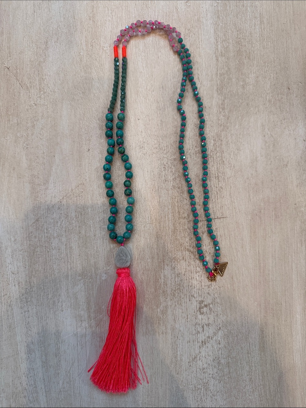 Green Beaded Necklace with Bright Pink Tassel